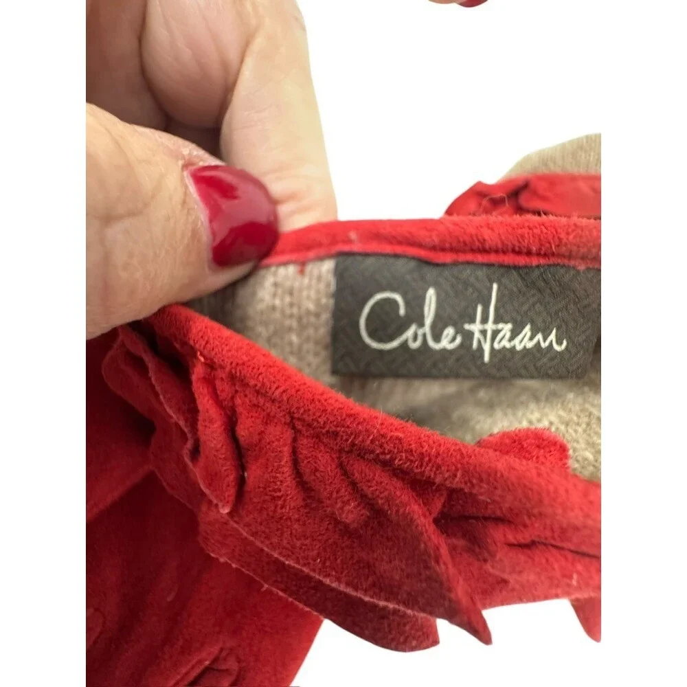 Cole Haan Red Suede Ruffle Cuff Gloves 100% Cashmere Lined womens size Medium